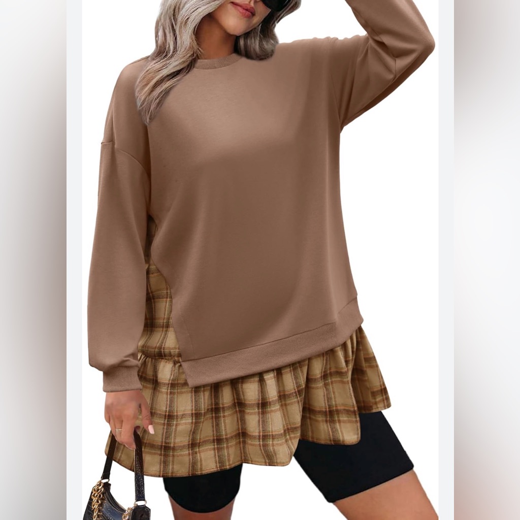 New Tan Sweatshirt Plaid Patchwork Crewneck Preppy Long Sleeve Flowy Pullover S